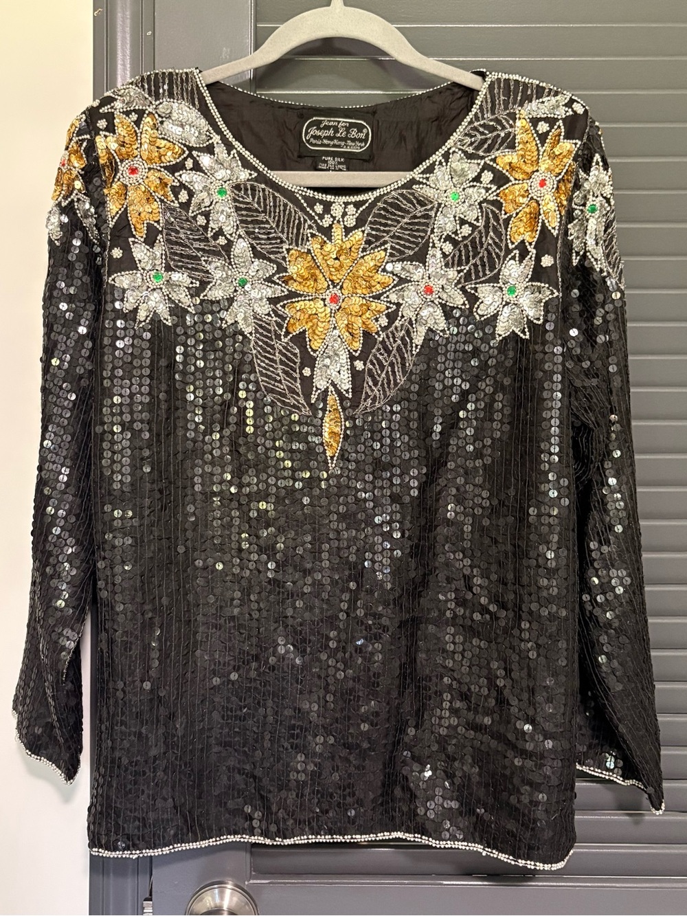 Joseph Le Bon Vintage Pure Silk Black Sequin Floral-Embellished Tunic Top